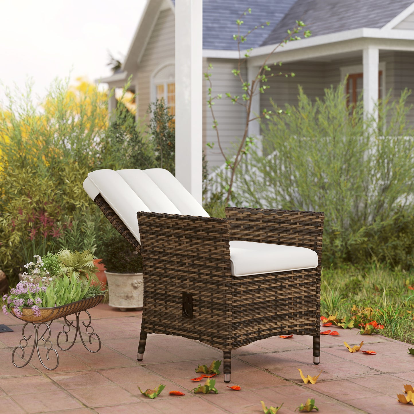 Wicker Outdoor Recliner Chair, Wicker Reclining Patio Chair with Adjustable Backrest and Cushion, Cream White