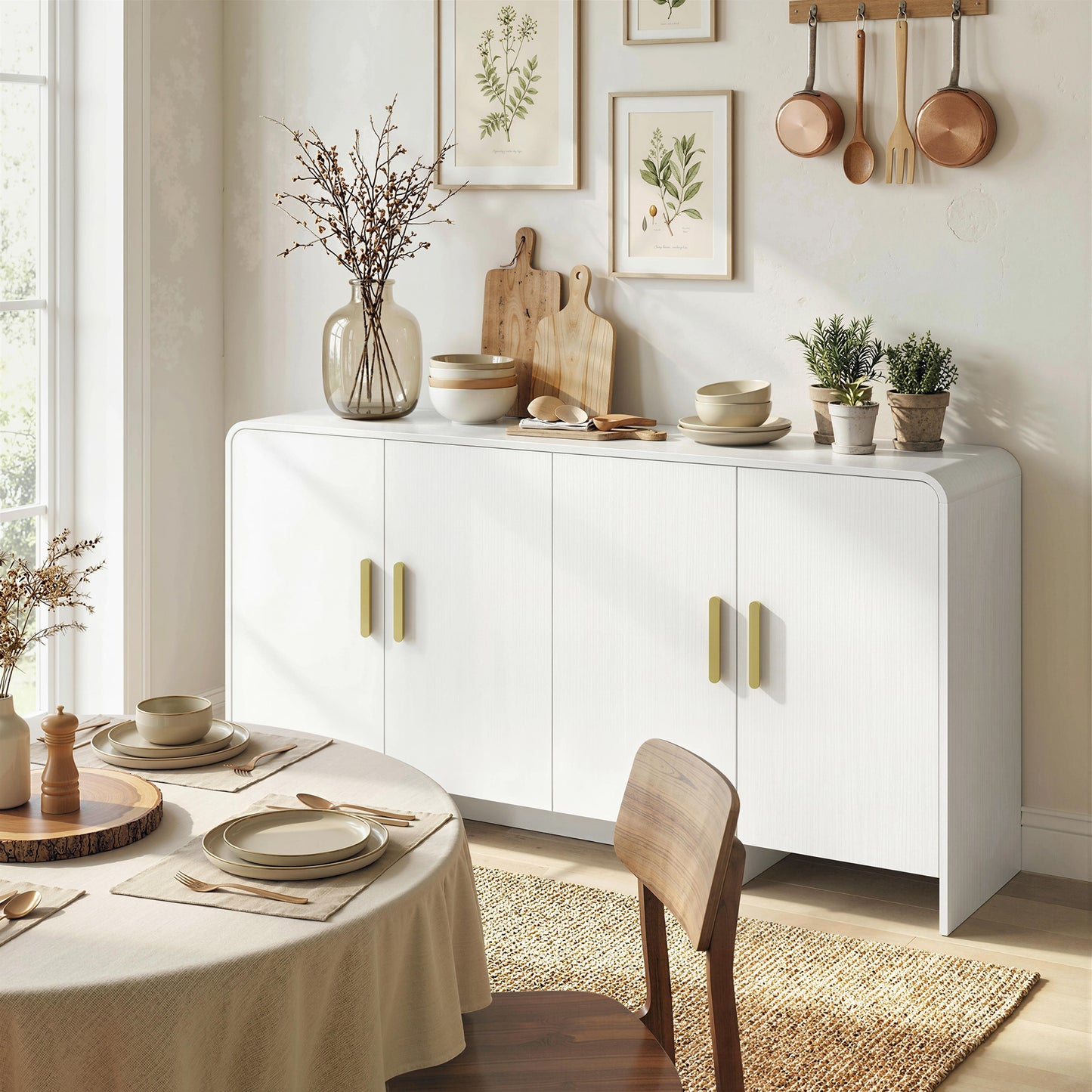 60" Sideboard Buffet Cabinet with Soft Close Doors, TV Stand for TVs up to 72 Inch, White Wood Grain
