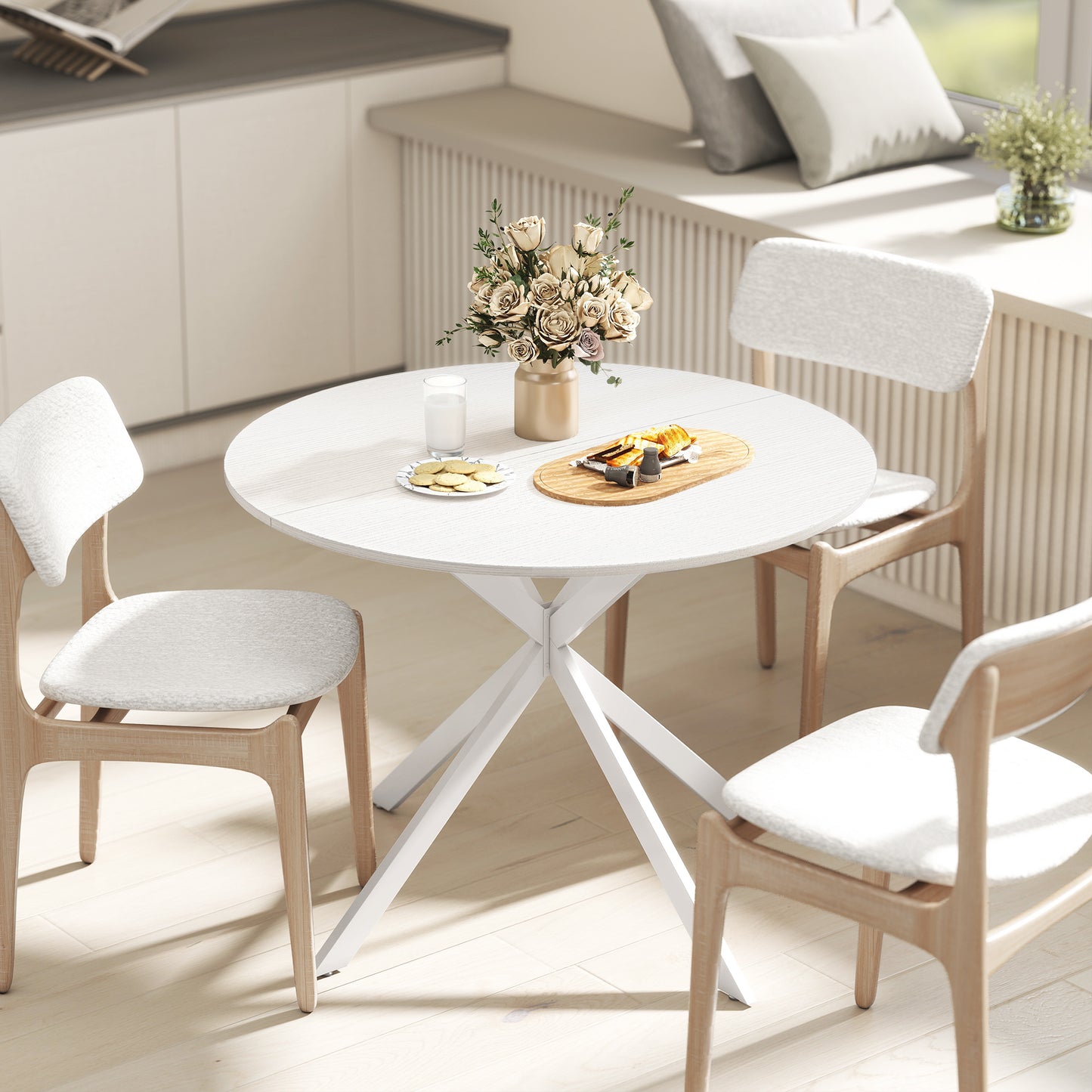 40" Round Kitchen Table for 4, Industrial Dining Table with Steel Legs for Dining Room, White Oak