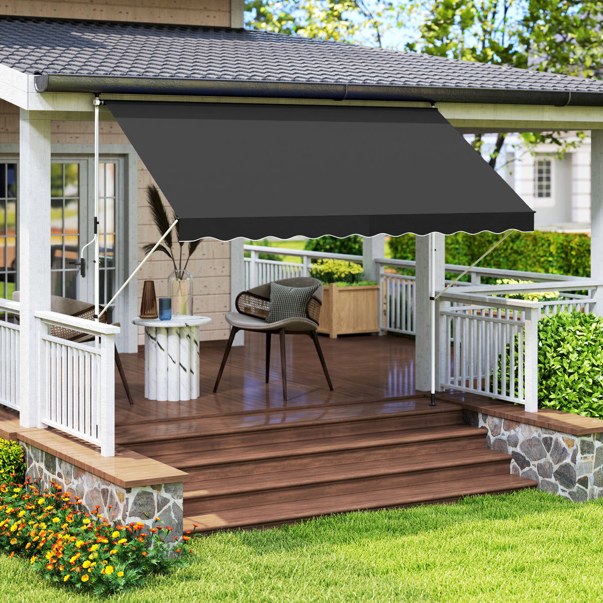 10x5ft Patio Sun Shade Canopy, Manual Retractable Awning with 5.6-9.2ft Support Pole for Window, Door, Porch, Black