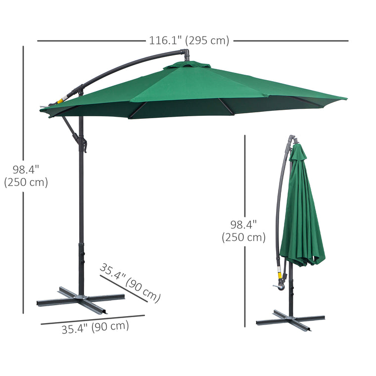 10' Dark Green Banana Offset Umbrella with Crank & Cross Base