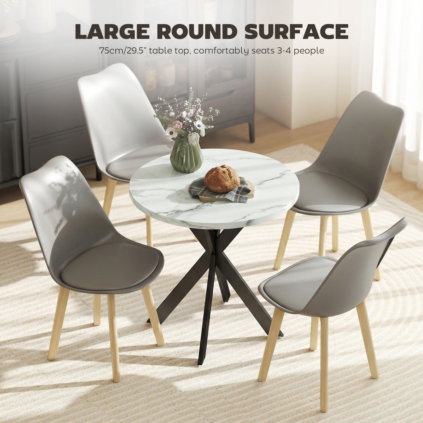 29" Dining Table, Contemporary Round Kitchen Table with Steel Legs, White Marble-Effect