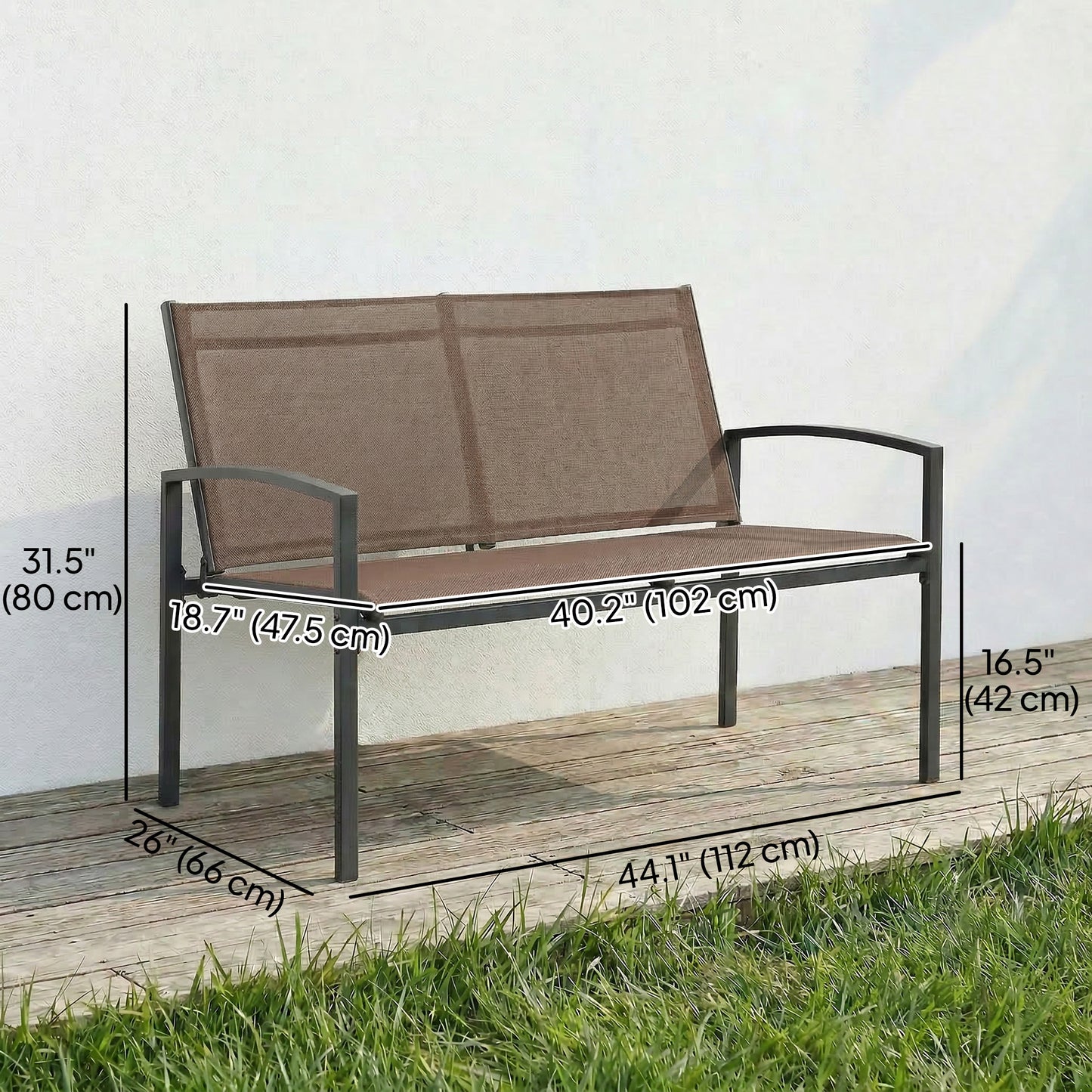 Outdoor Garden Bench, 44 in Metal Patio Garden Park Bench with Breathable Mesh Fabric, 528 lb Load Capacity, Dark Brown