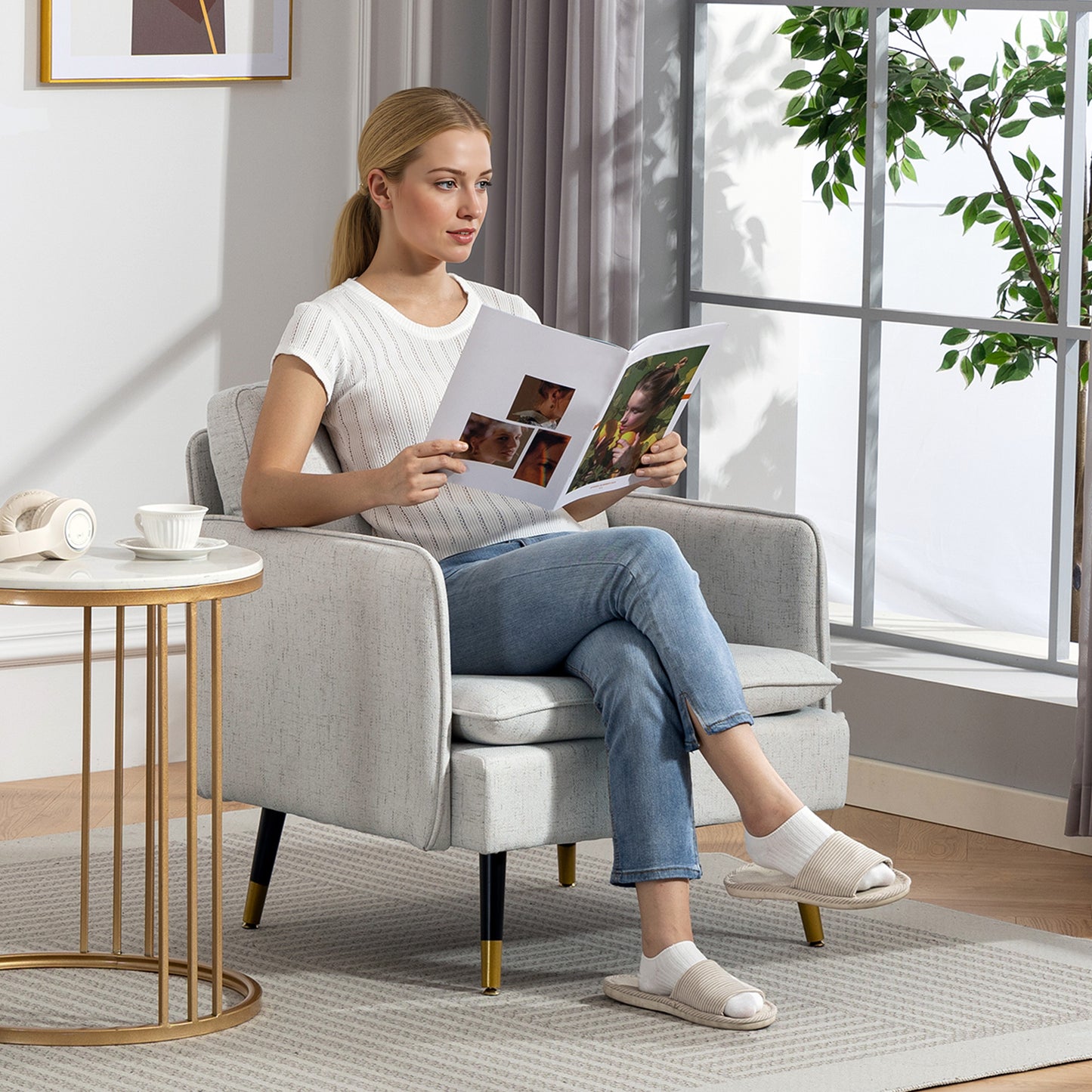 Accent Chairs Set of 2, Upholstered Armchairs with Tufted Back Cushion and Steel Legs for Living Room, Bedroom