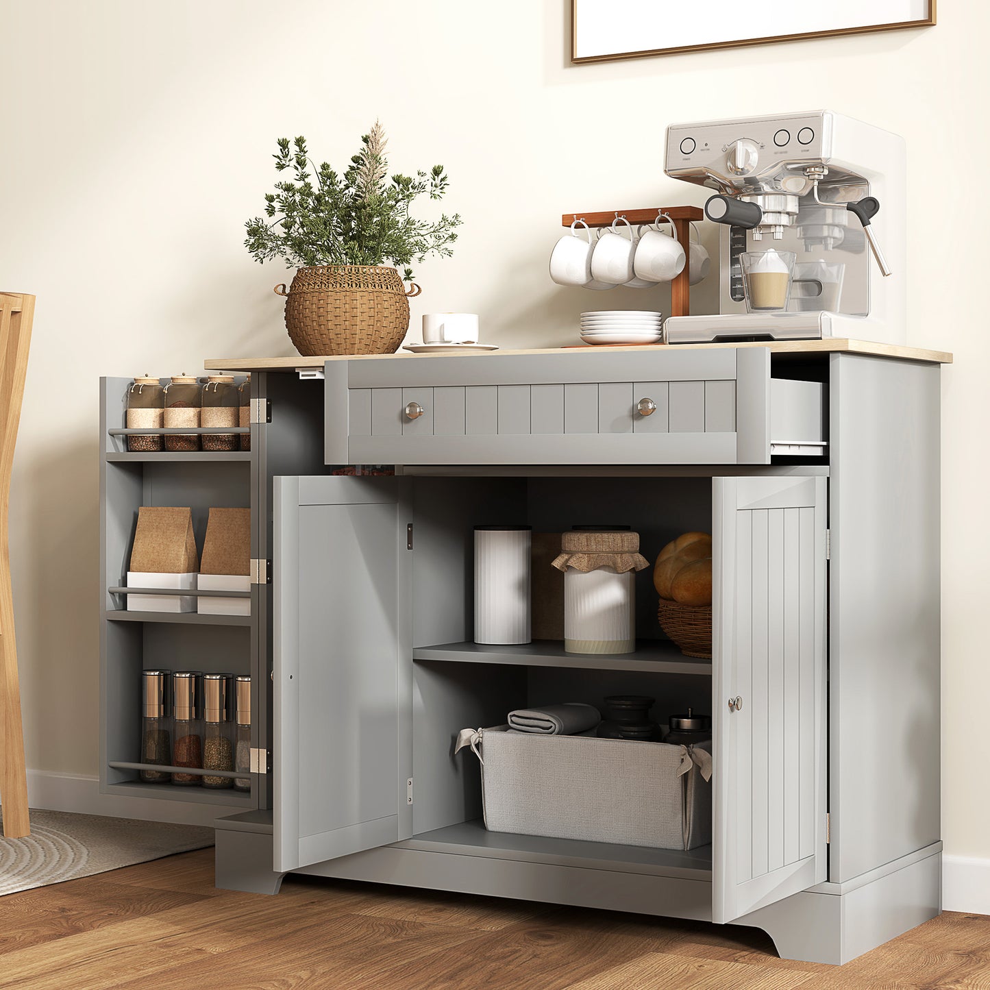 Modern Sideboard Cabinet, 41" Kitchen Buffet Cabinet with Drawer, Adjustable Shelf, 3 Doors for Dining Room, Grey