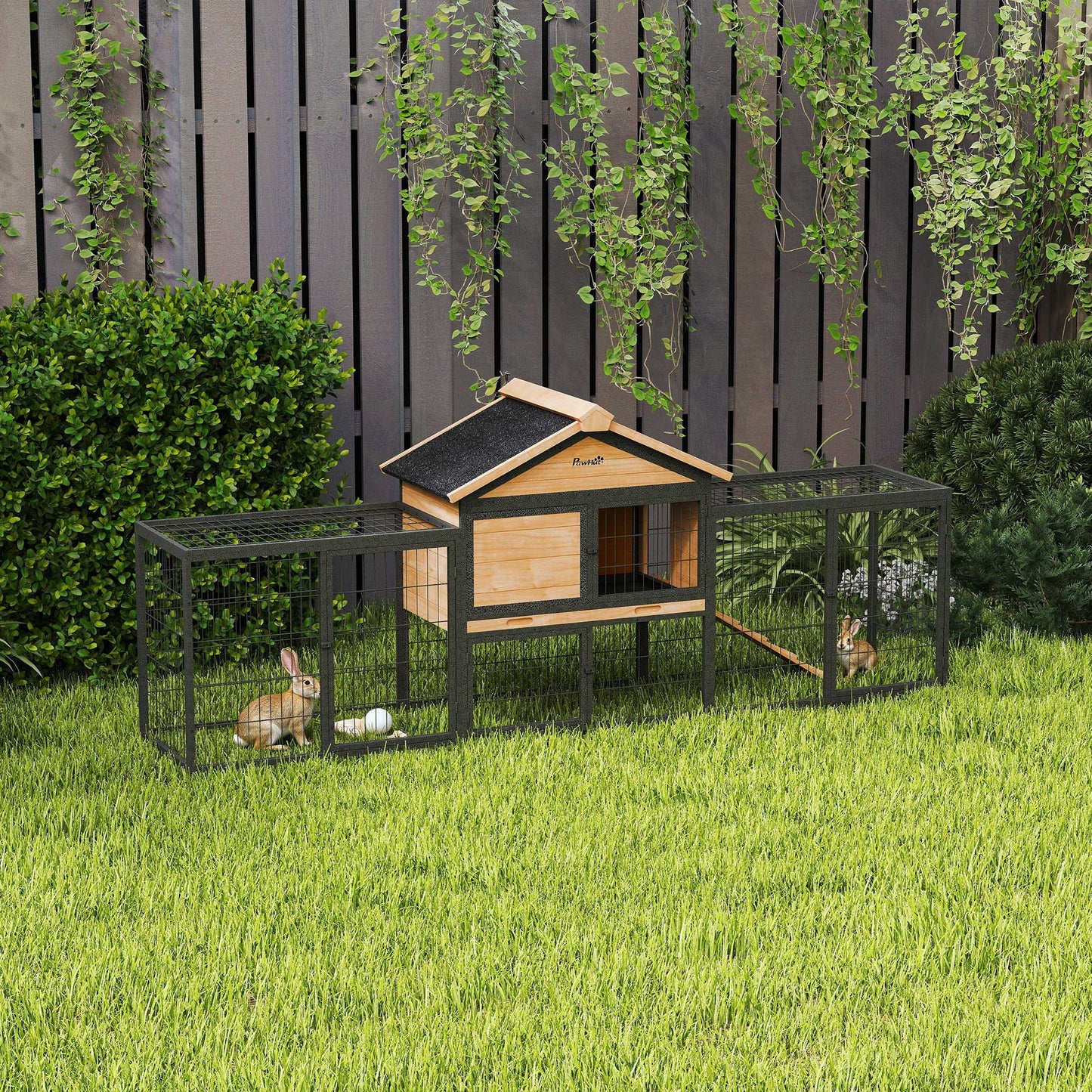 Rabbit Hutch Outdoor, 85"L Large Wooden Bunny Cage with Run Box, Removable Plastic Tray, Asphalt Roof, Ramp, Yellow
