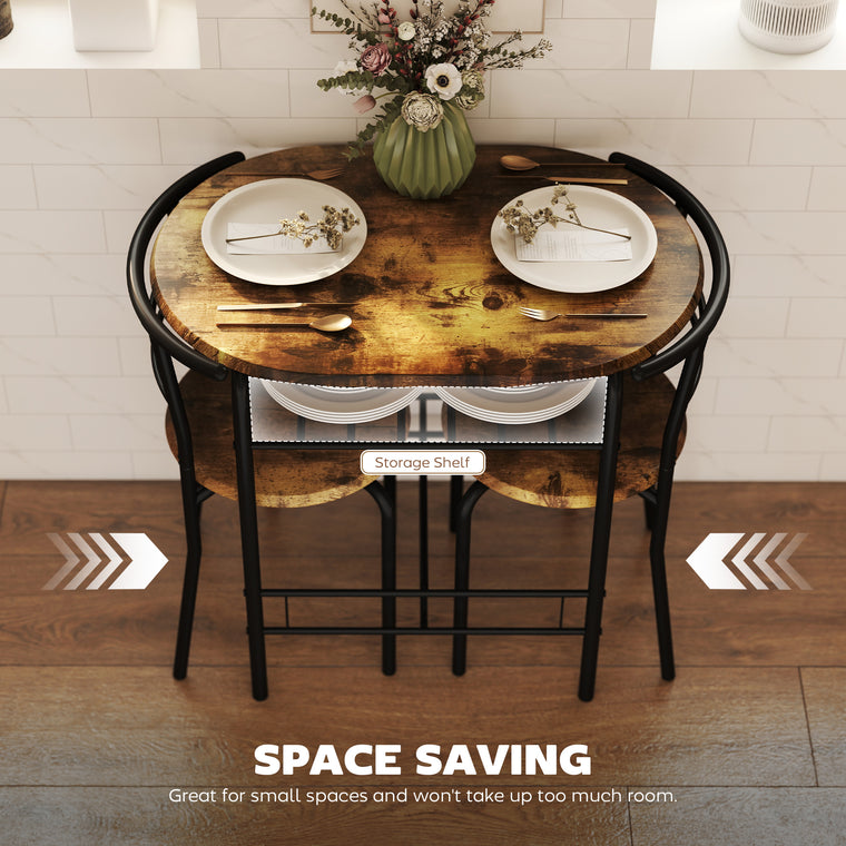 3-Piece Dining Table Set for 2 with Shelf - Rustic Brown