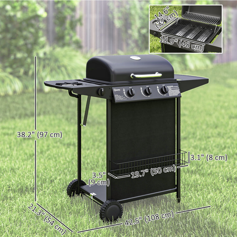 Black 3+1 Burner Propane Gas BBQ Grill with Side Burner