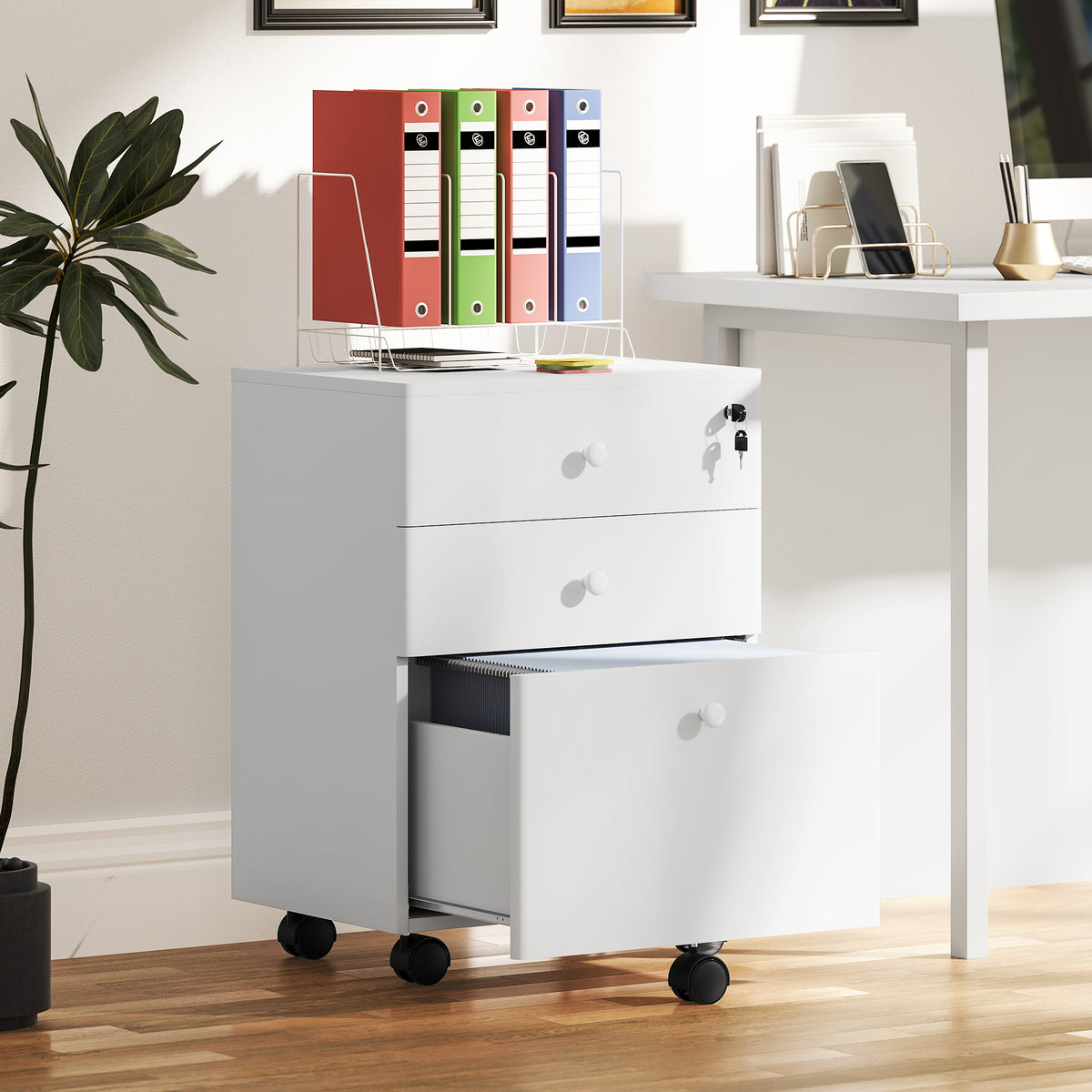 3-Drawer Small Filing Cabinet with Lock, Vertical Office Storage Cabinet with Wheels for Home Office, White