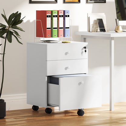 3-Drawer Filing Cabinet with Lock and Wheels - White