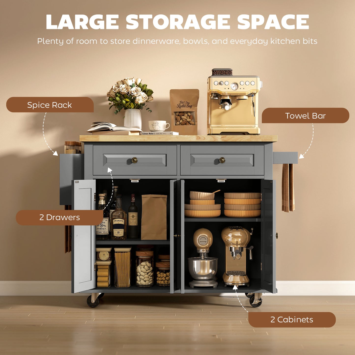 Kitchen Island with Storage, Rolling Trolley Cart with Rubber Wood Top, Spice Rack, Towel Rack, 2 Locking Brakes, Grey