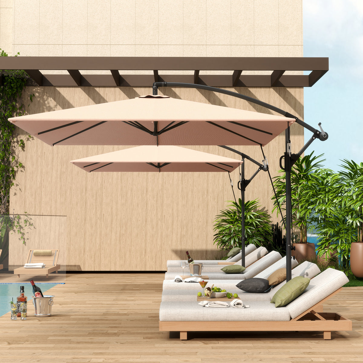 Khaki Offset Umbrella UPF50+ with Wind Securing Cover
