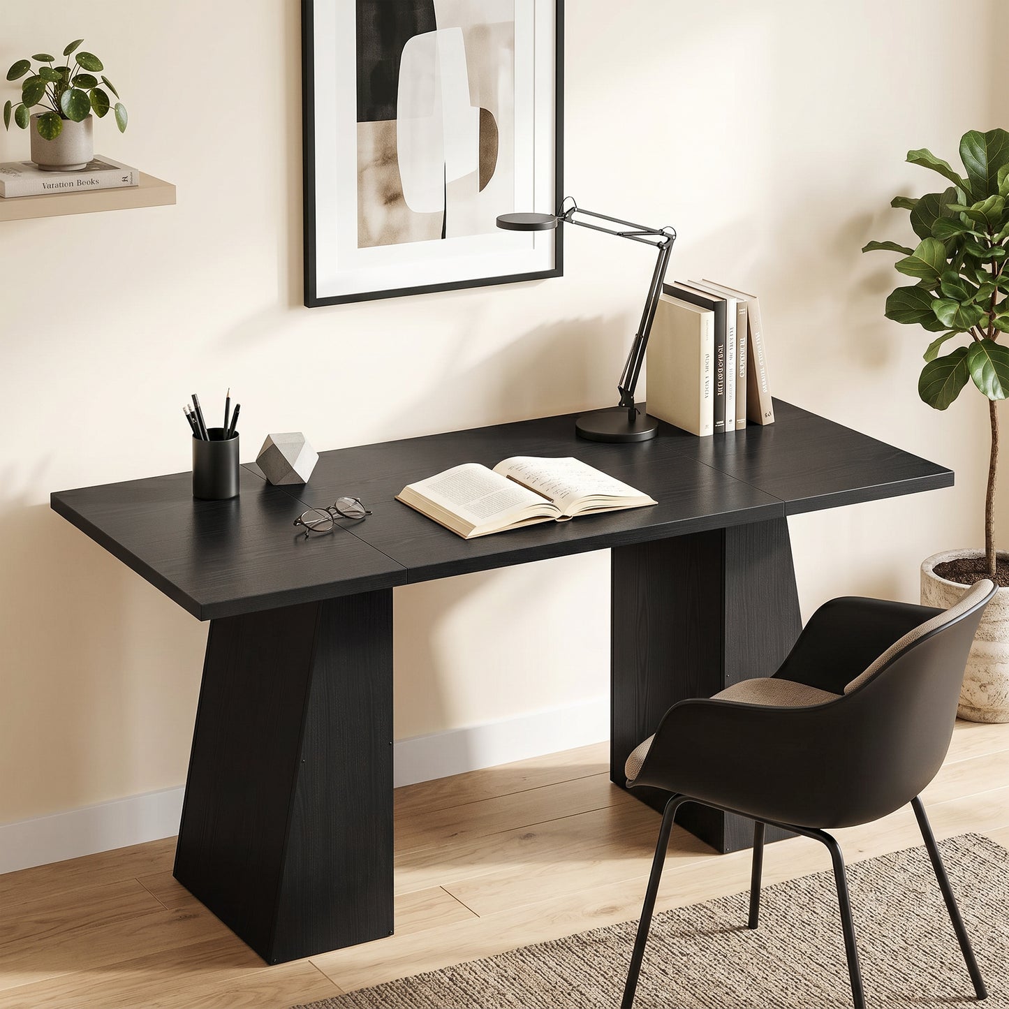 63 Inch Computer Desk with Trapezoidal Frame Light Black Wood Grain