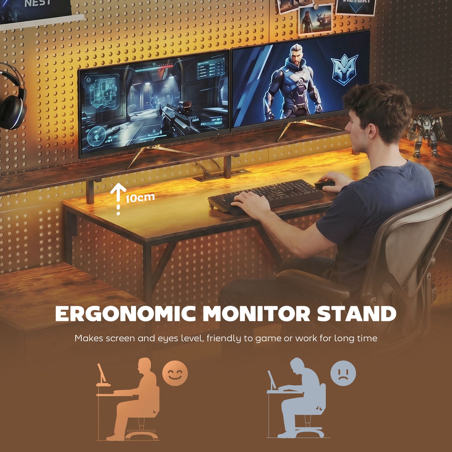 76" Gaming Desk, Computer Table with RGB Lights, USB Ports, Monitor Stand and 2 Fabric Drawers, Rustic Brown