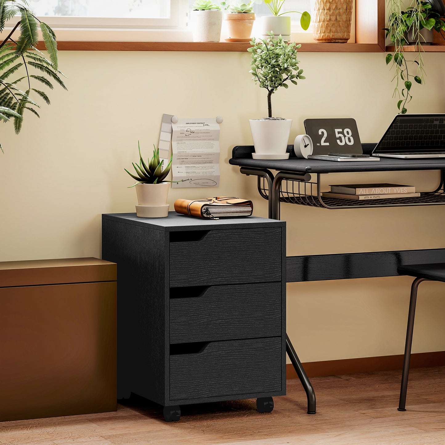 3 Drawer File Cabinet, Vertical Filing Cabinet with Wheels, Mobile Printer Stand with Storage for Home Office, Black