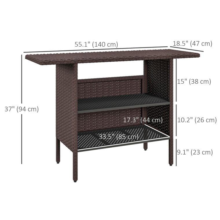 Bar Height Wicker Table with 2 Storage Shelves