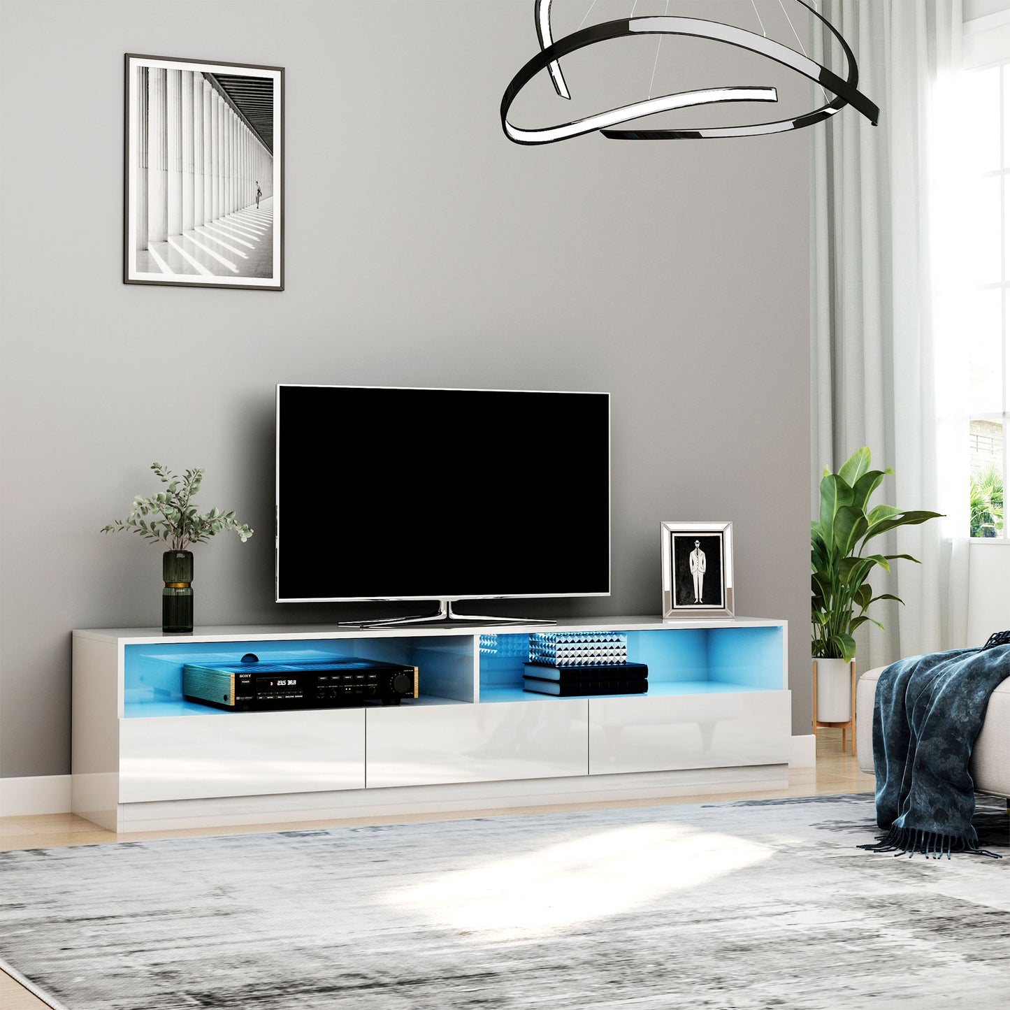 LED Lighted TV Stand for TVs up to 75", Modern TV Cabinet with Storage Drawers for Living Room, High Gloss White