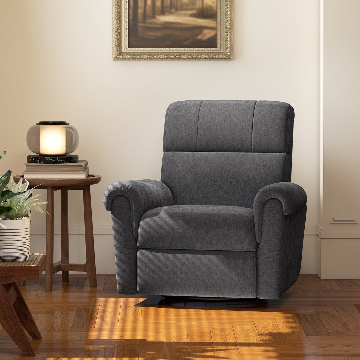 Power Recliner Chair, Fabric Upholstered Recliner Chair with USB Ports, Swivel and Rocking Function, Footrest, Dark Grey