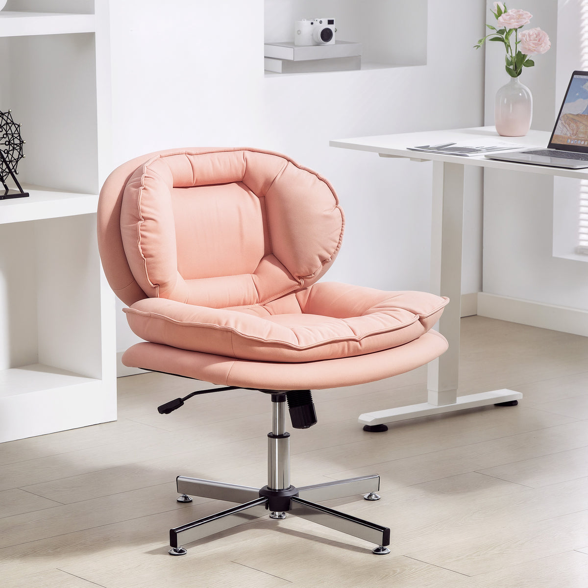 Criss Cross Chair, Armless Wide Office Chair with Leathaire Upholstery, Tilting, No Wheels, Pink