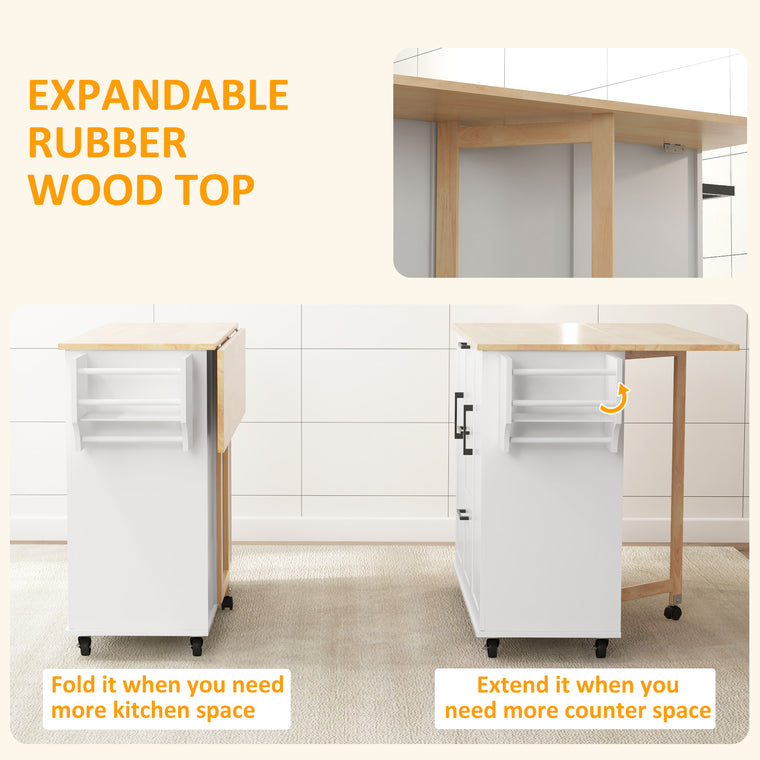 Rolling Kitchen Cart with Drop Leaf and 3 Drawers - White