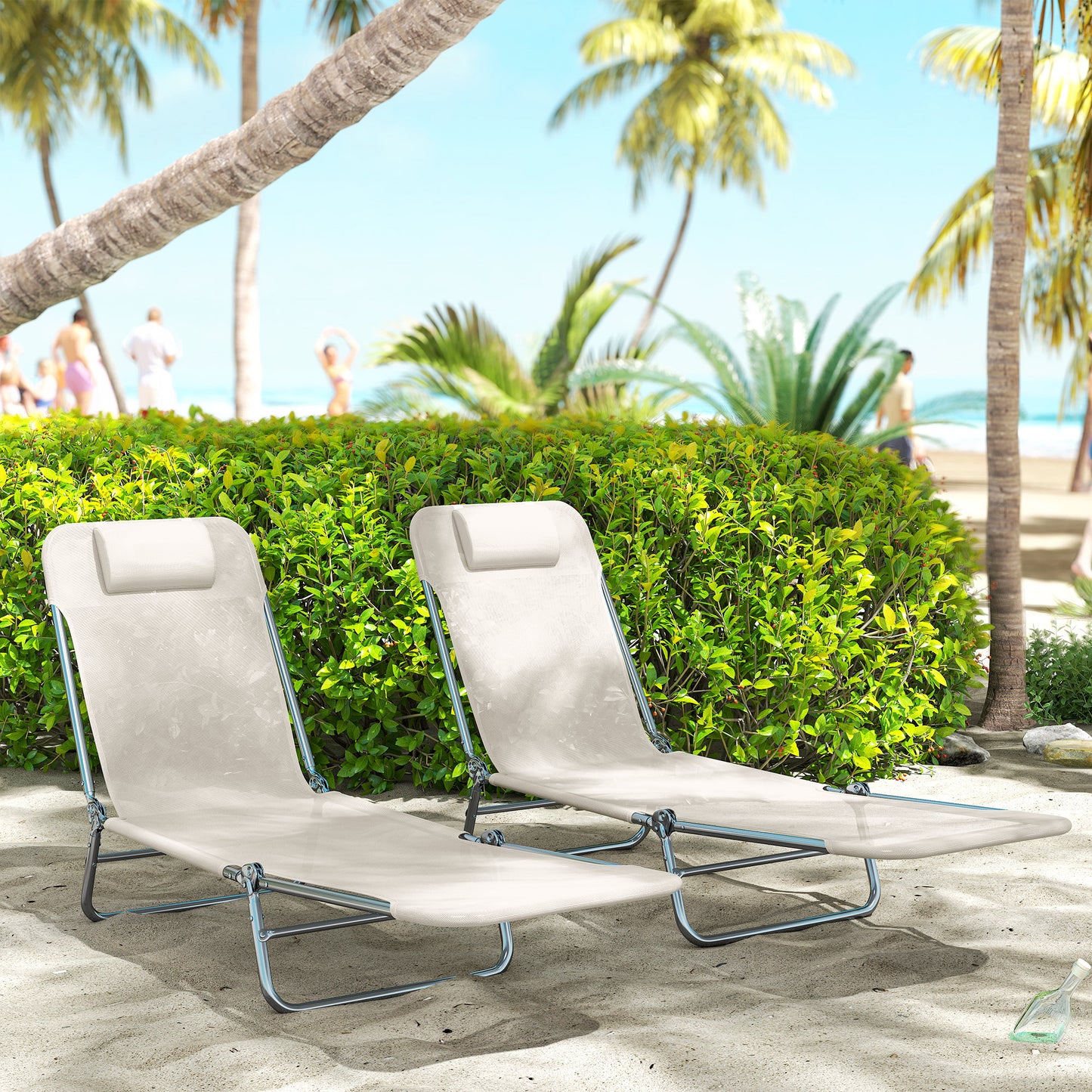 Set of 2 Folding Chaise Lounge Chairs, Outdoor Poolside Sun Tanning Chairs w/ Pillow, Reclining Backrest, Cream White