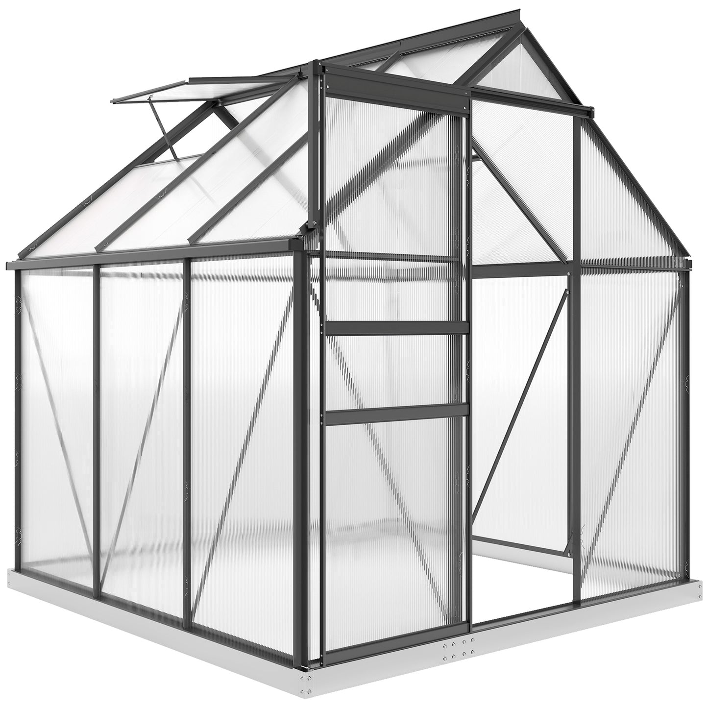 6' x 6' x 6.5' Polycarbonate Greenhouse, Walk-in Green House with Adjustable Roof Vent Galvanized Base Sliding Door Rain Gutter for Outdoor Garden Backyard, Grey