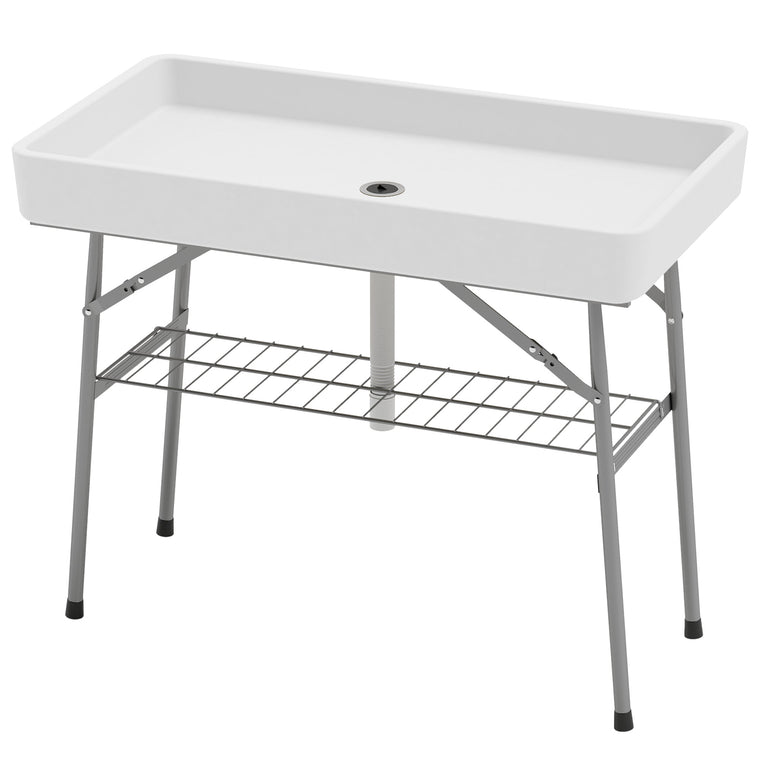 3.4' White Folding Ice Cooler Table with Drain & Storage Shelf