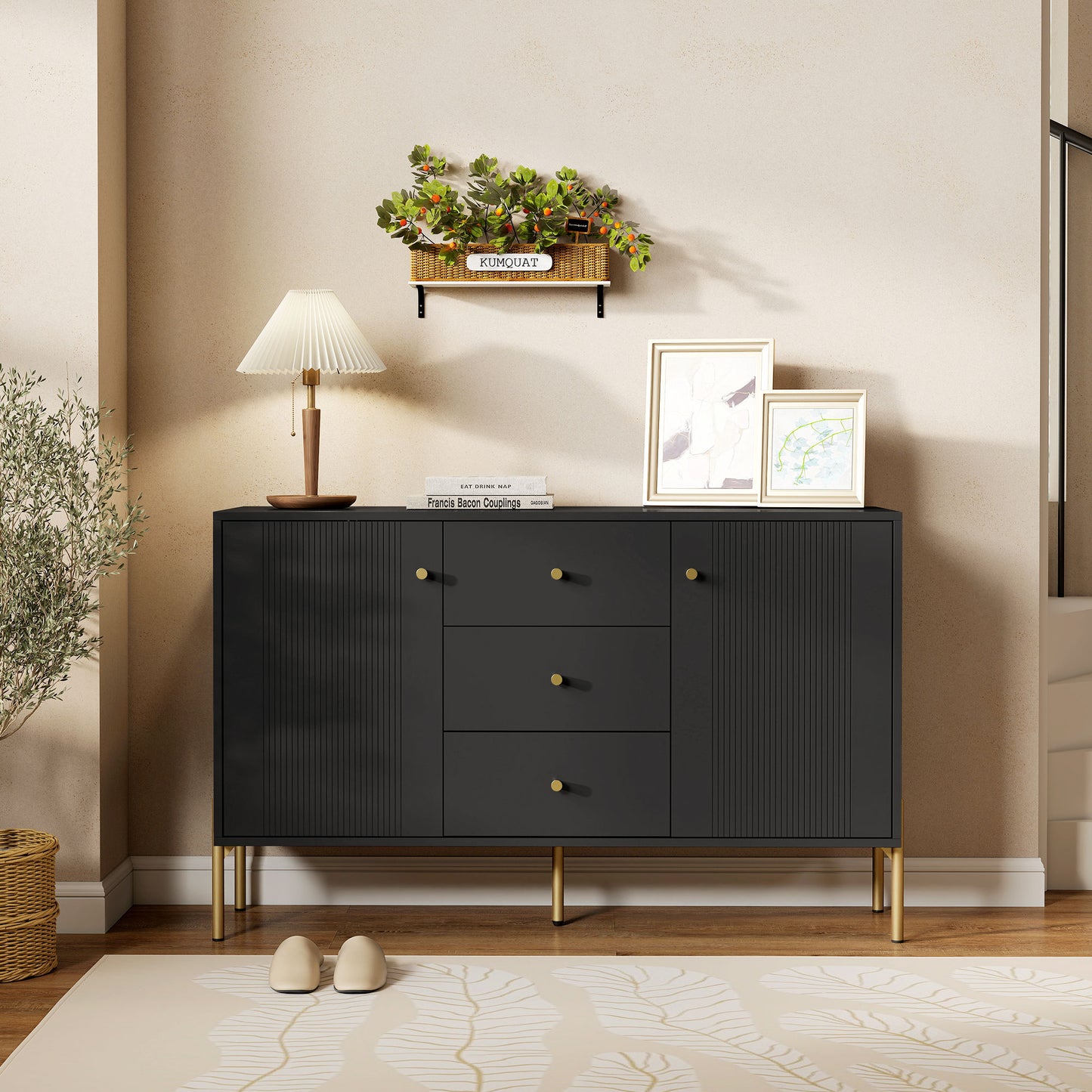 Buffet Cabinet, Modern Sideboard with 3 Soft-Close Drawers and 2 Adjustable Shelves for Living Room, Kitchen, Black
