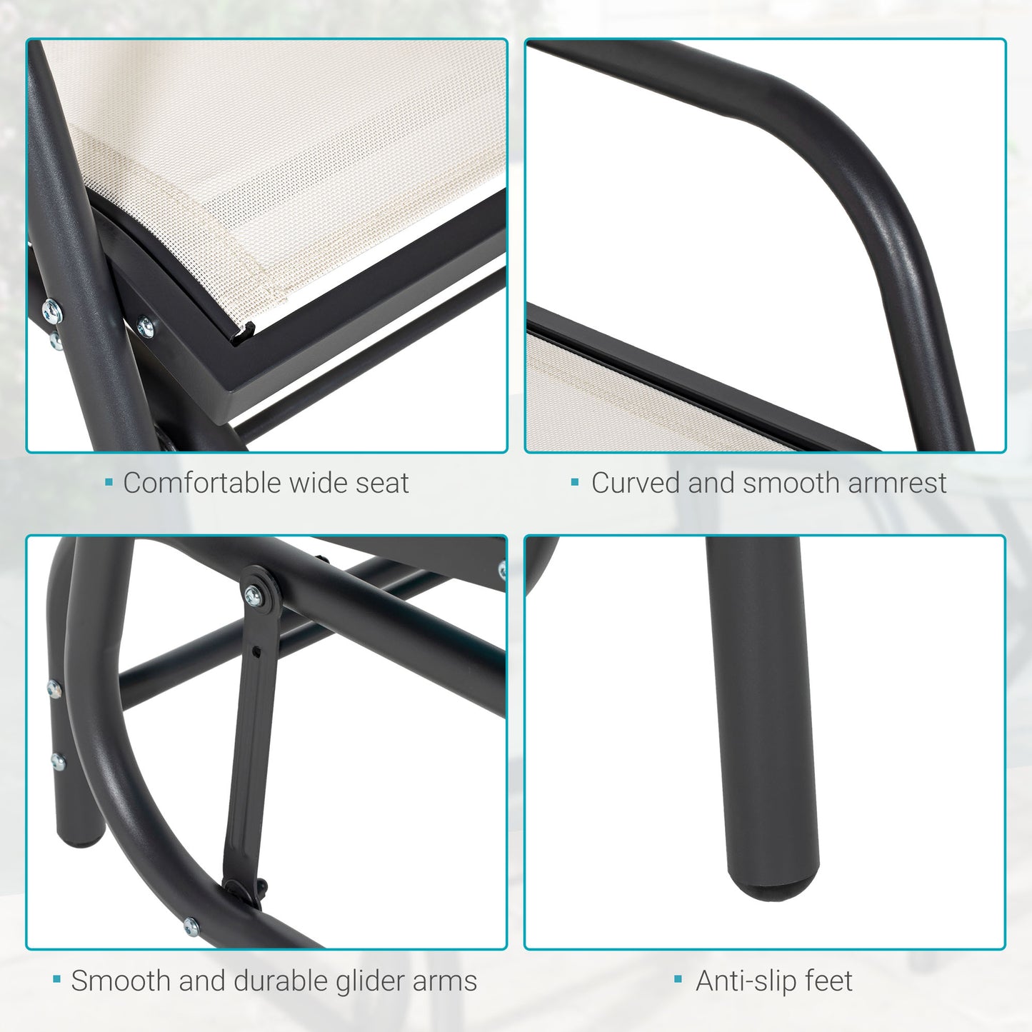 Patio Glider Outdoor Glider Chair with Breathable Mesh Seat & Backrest, Armrests and Metal Frame, Cream White