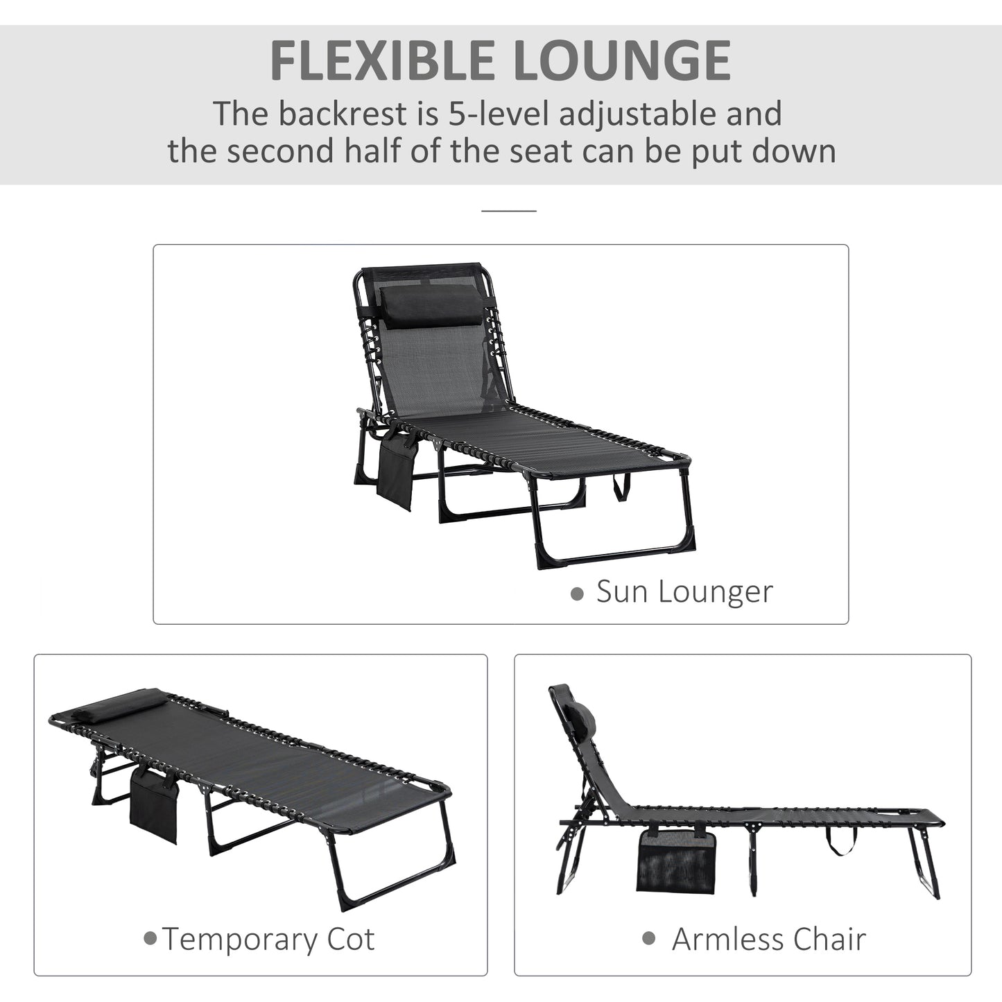 Outdoor Folding Chaise Lounge, Reclining Lounge Chair with Adjustable Backrest and Removable Pillow, Black