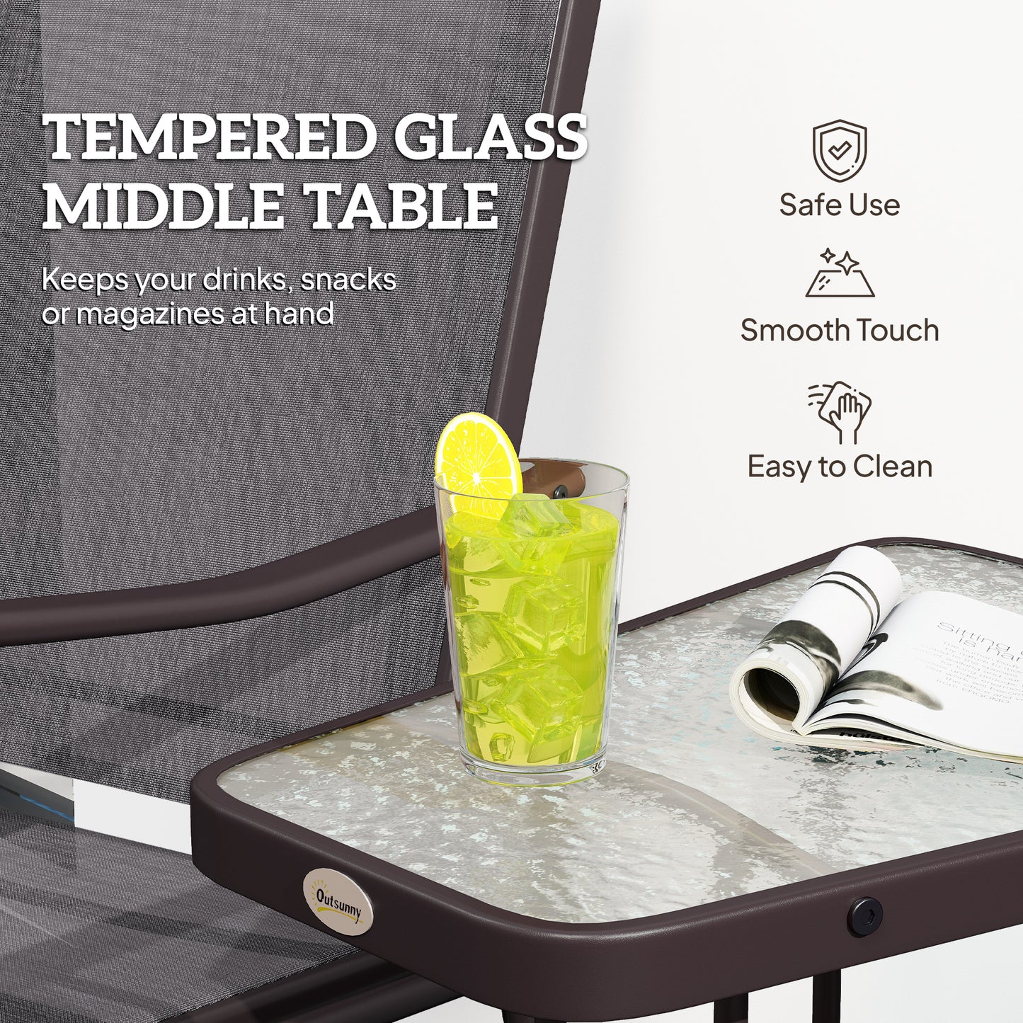 Double Patio Glider Chair with Glass Top Center Table, Outdoor Glider Loveseat with High Back, All Weather Breathable Mesh Fabric for Garden, Backyard, Deck, Grey