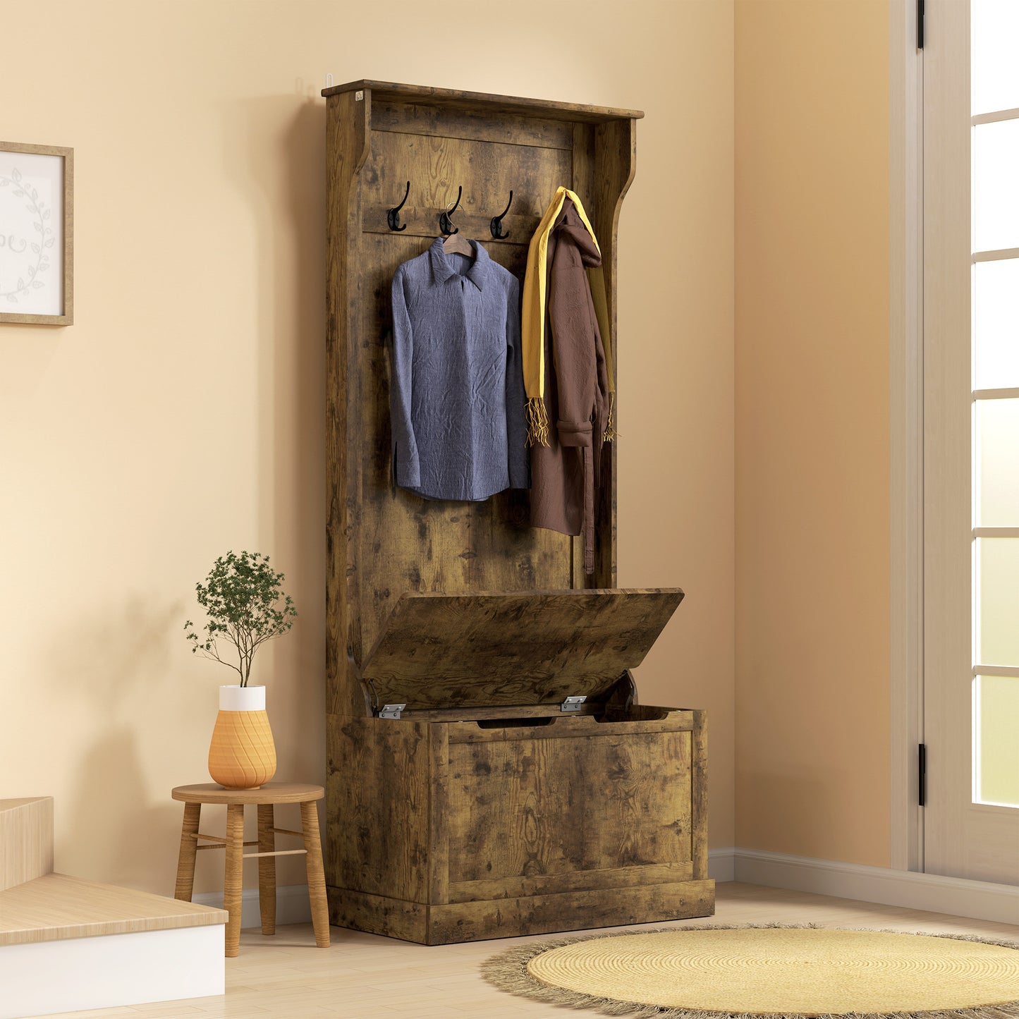 4-In-1 Hall Tree with Coat Rack, Top Shelf, Shoe Storage and Bench Seat, Entryway Bench with 4 Hooks, Rustic Brown