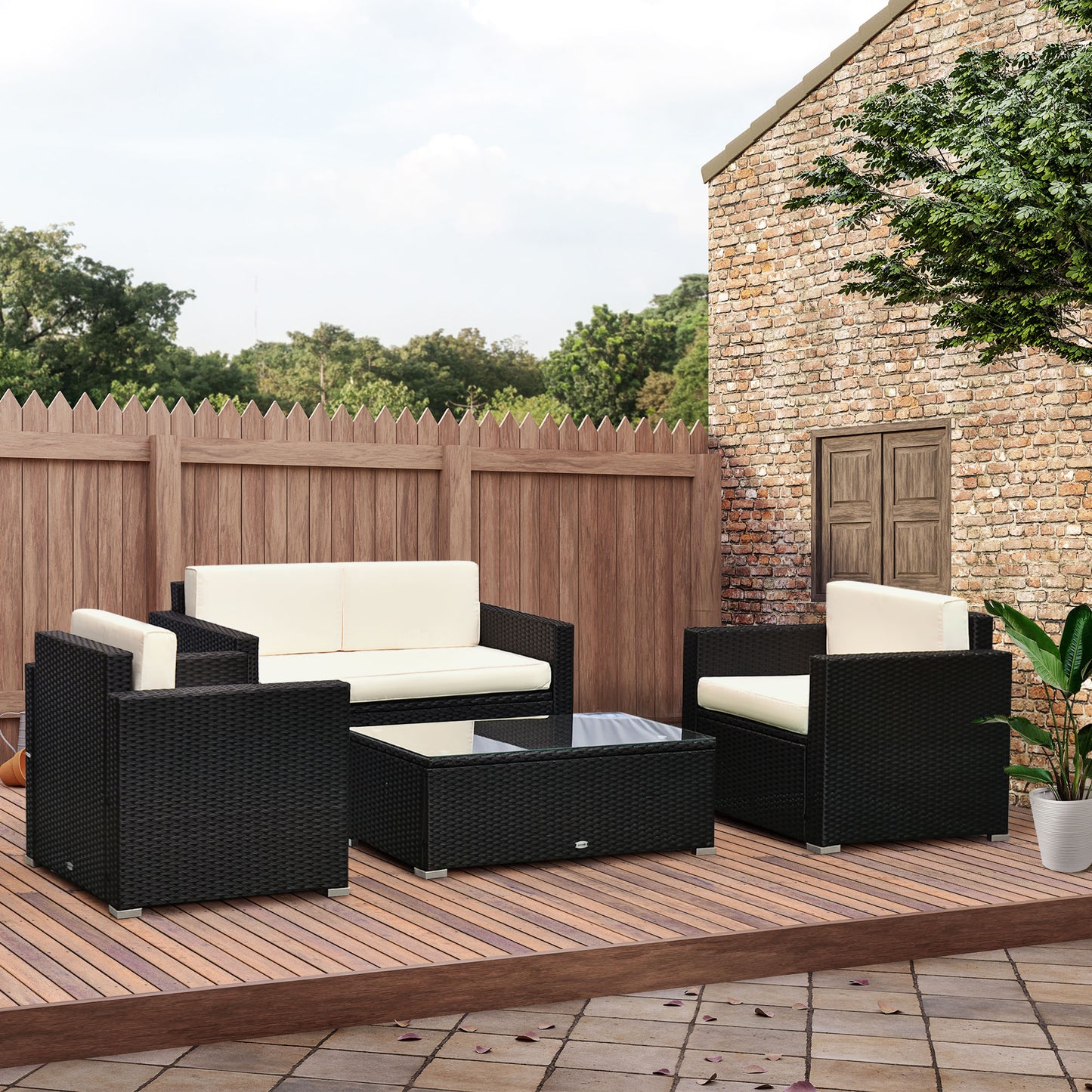 4 Pieces Sectional Patio Furniture Set, Rattan Wicker Patio Chairs Outdoor Coffee Set with Cushions, Cream White