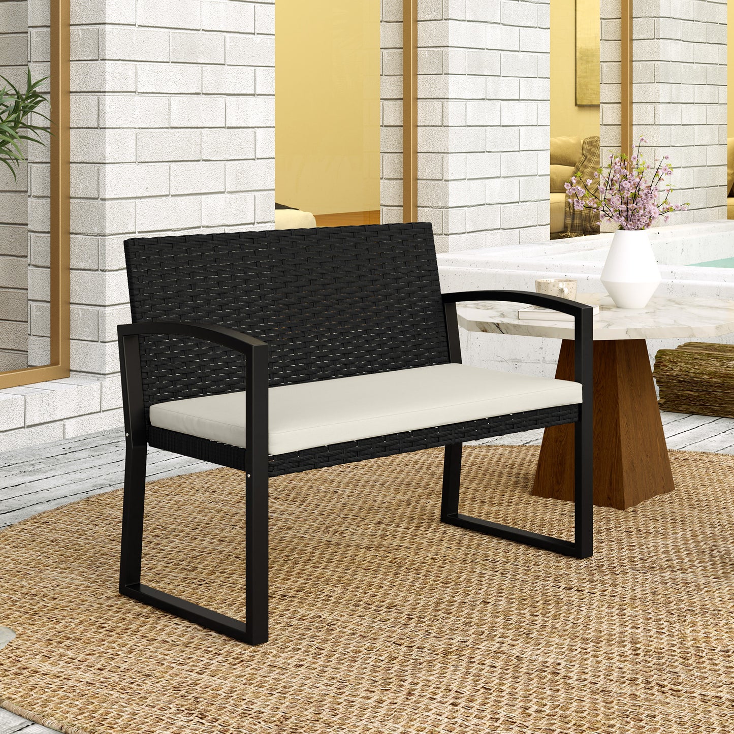 2 Seater Outdoor Bench, Rattan Garden Bench Loveseat with Cushion, Armrests, Steel Frame for Patio, Porch, Beige