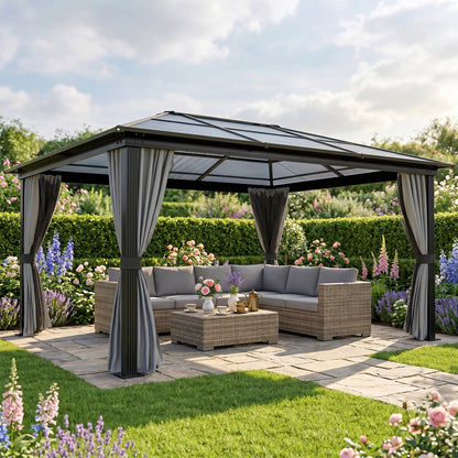 12' x 15' Dark Grey Hardtop Gazebo with Polycarbonate Roof & Curtains
