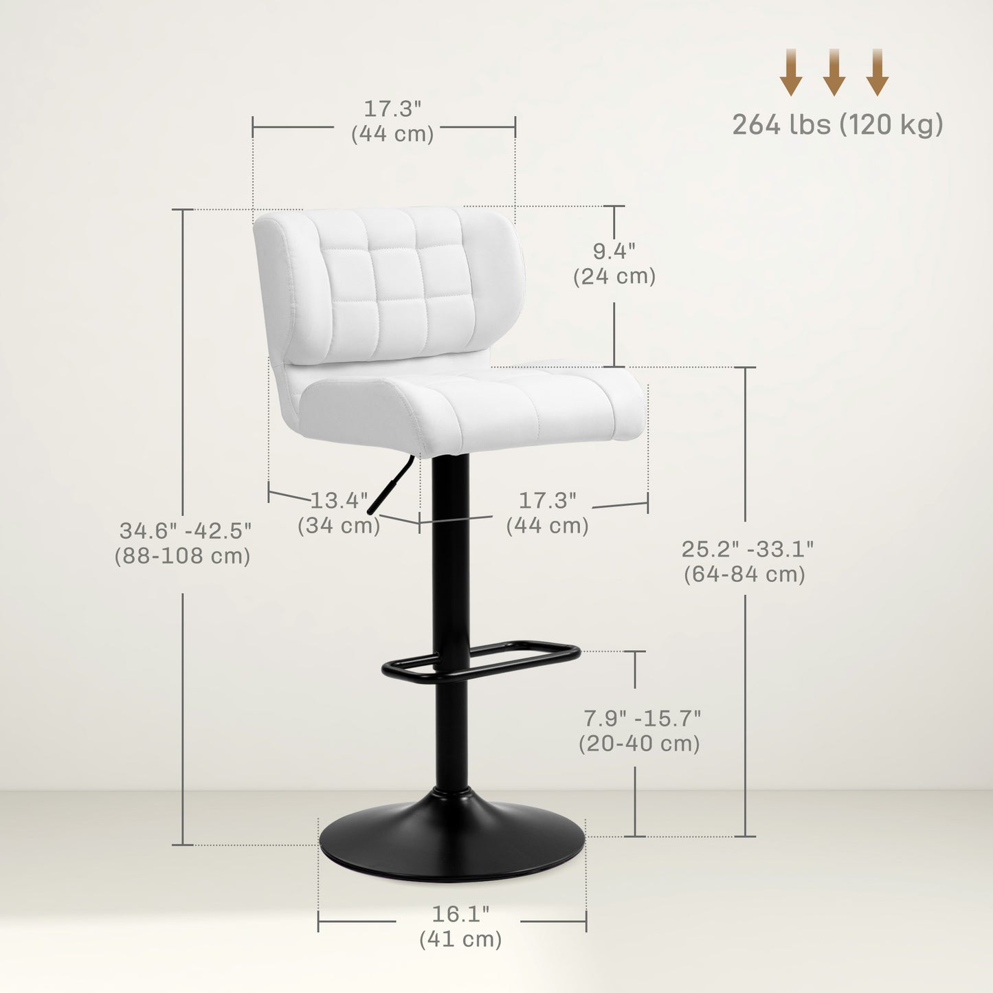 Swivel PU Leather Barstools Set of 2 Adjustable Bar Stools with Footrest Back for Kitchen Counter Dining Room White