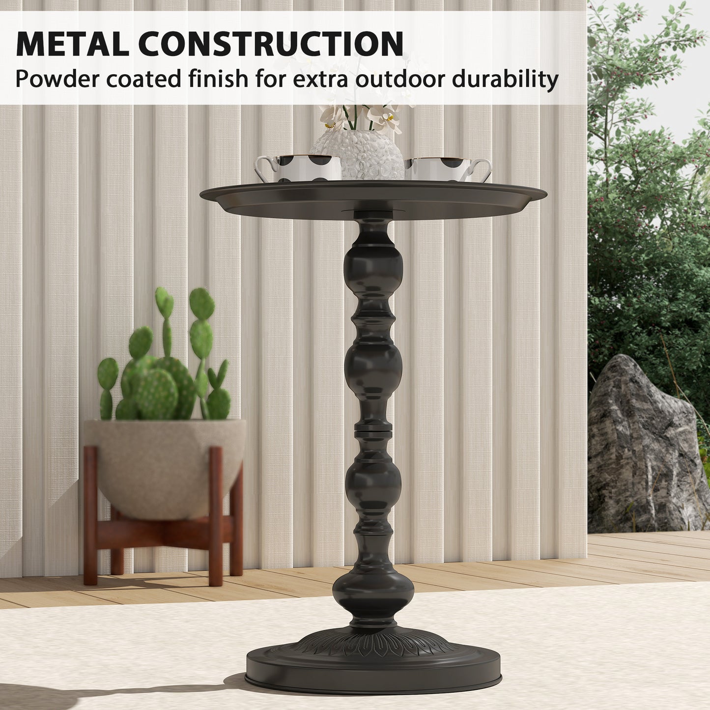 15.4" Round Outdoor Side Table, Tray Top Metal Patio Table with Retro Column Base for Indoor, Balcony, Garden, Black