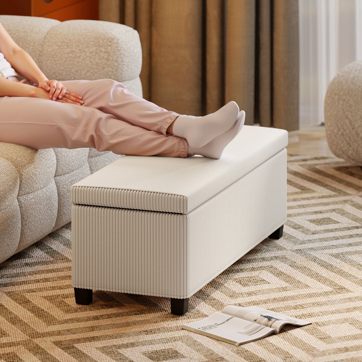 44 Inches Ottoman with Storage, Lid, Legs, Corduroy End of Bed Bench for Living Room, Bedroom, Entryway, Beige