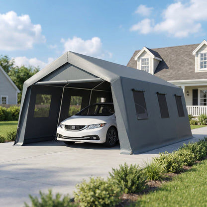 20' x 13' Dark Grey Carport with Roll-Up Door & Windows
