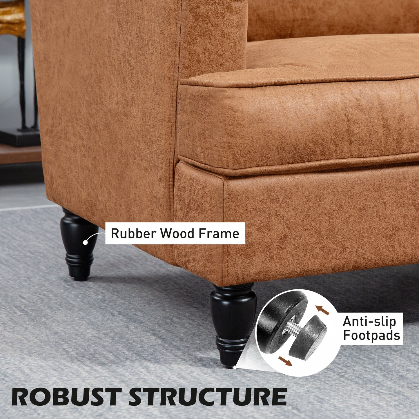 Modern Accent Chair, Leathaire Armchair with Turned Legs and Wide Seat, Comfy Chair for Living Room, Brown