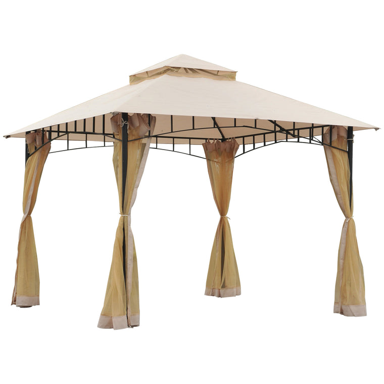 10' x 10' Beige Double-Tier Gazebo with Metal Frame & Sidewalls