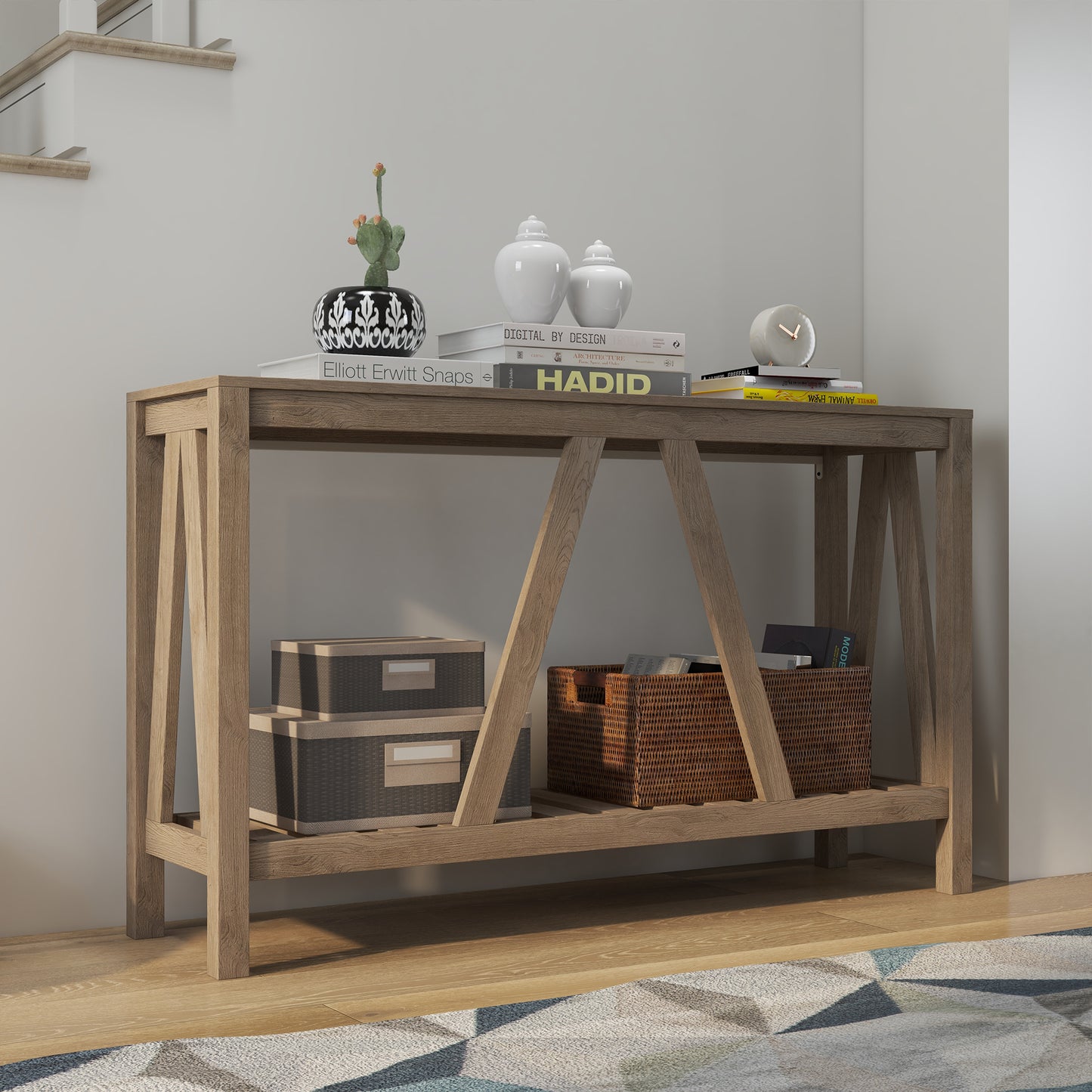 Farmhouse Entryway Table, Rustic Console Table with Storage Shelf for Living Room and Hallway, Distressed Grey