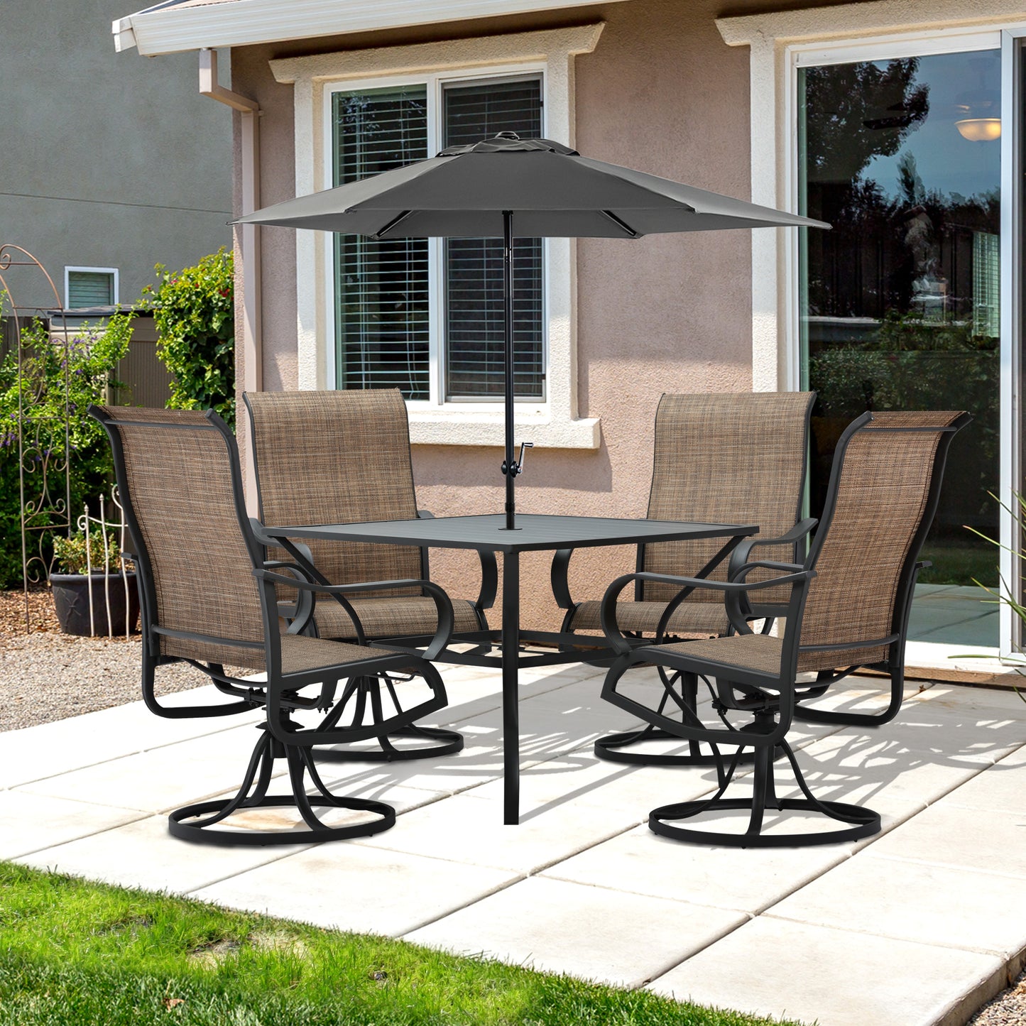 5-Piece Outdoor Patio Dining Set, 4 Swivel Rocker Chairs and 37" x 37" Dining Table Furniture Set with Umbrella Hole for Garden, Lawn and Backyard, Black (Umbrella not included)