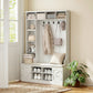 Hall Tree with Bench and Shoe Storage, Entryway Bench with Coat Rack, 12 Shelves, 2 Cabinets, 5 Hooks, White Wood Grain