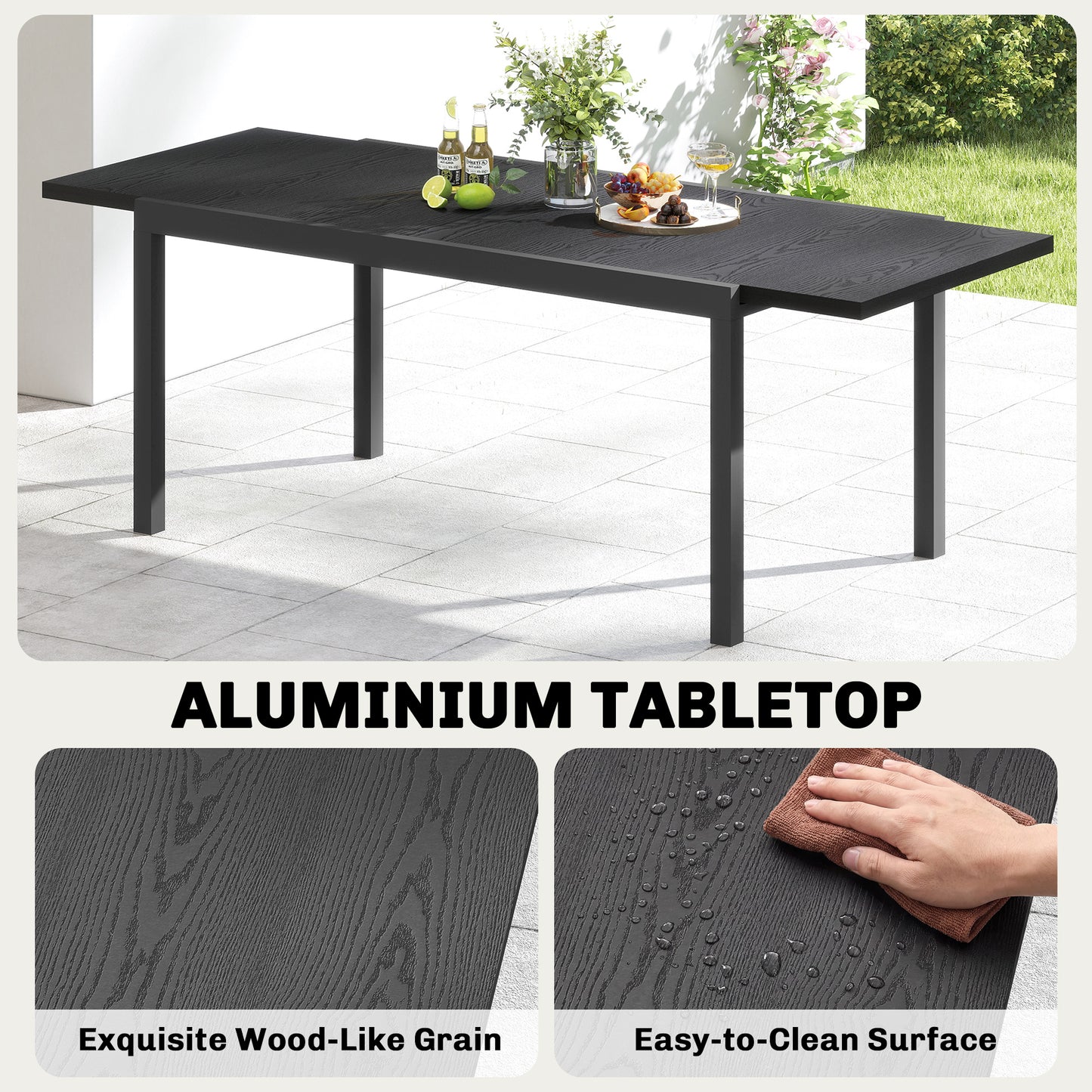 Expandable Patio Dining Table for 8-10 People, 60.6"/84.3" Aluminum Outdoor Dining Table with Adjustable Foot Pads
