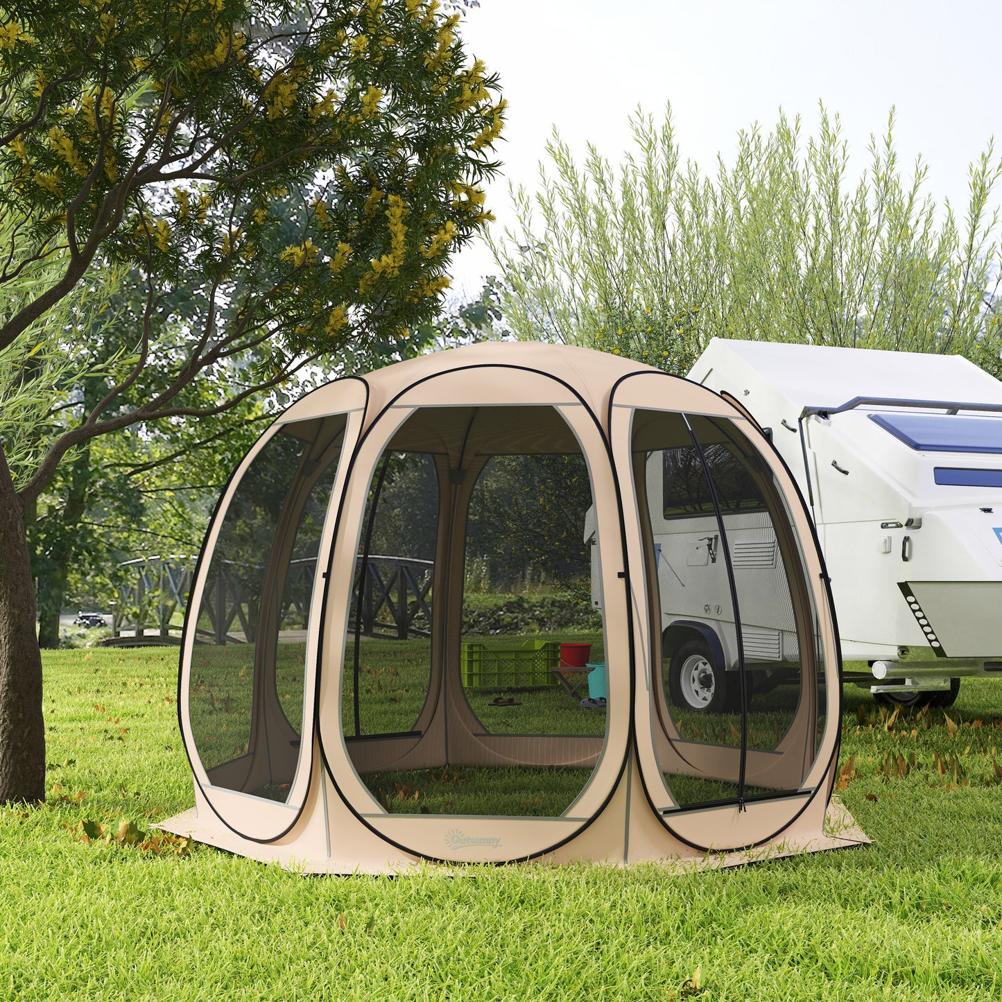 11' x 11.5' Screen Tent, Pop Up Camping Gazebo with Portable Carry Bag and 2 Doors, Beige
