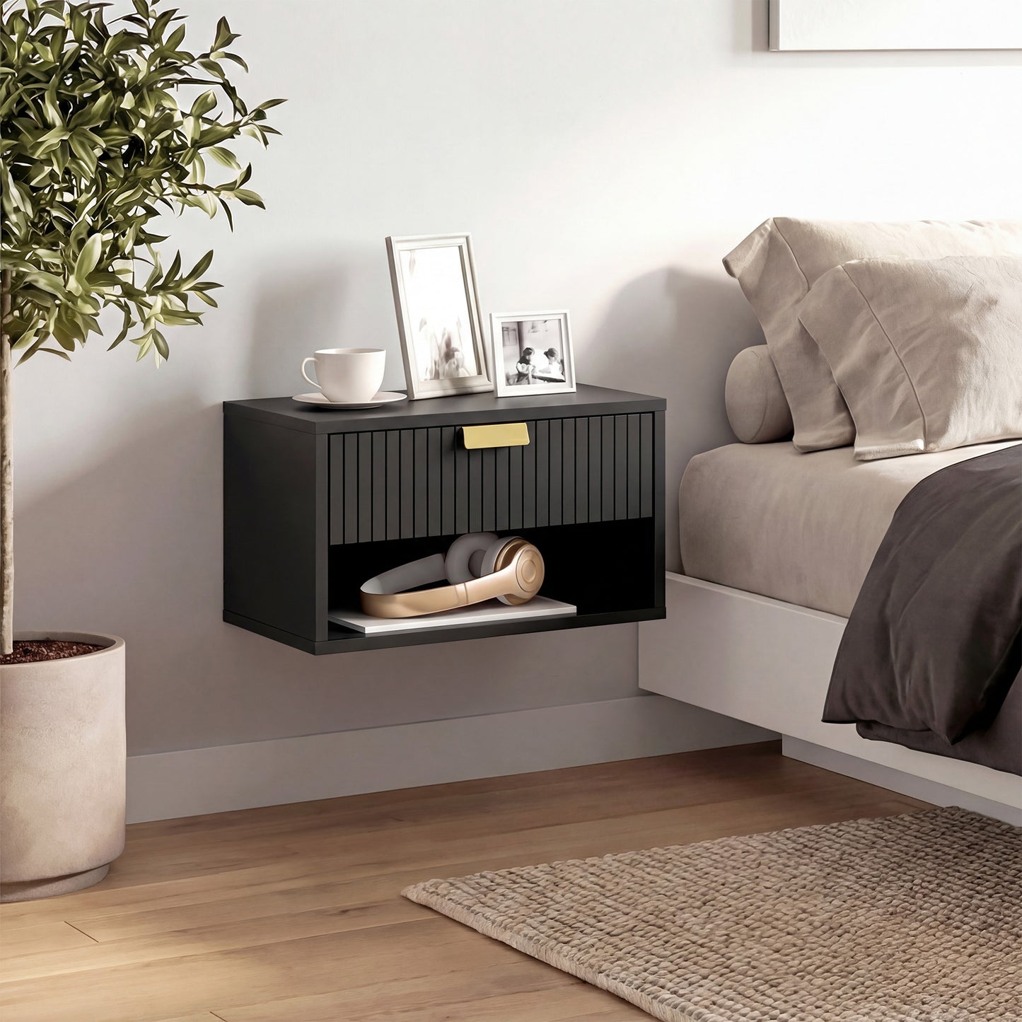 Set of 2 Wall Mounted Bedside Tables, Floating Nightstands with Fluted Drawer and Open Shelf for Bedroom, Black