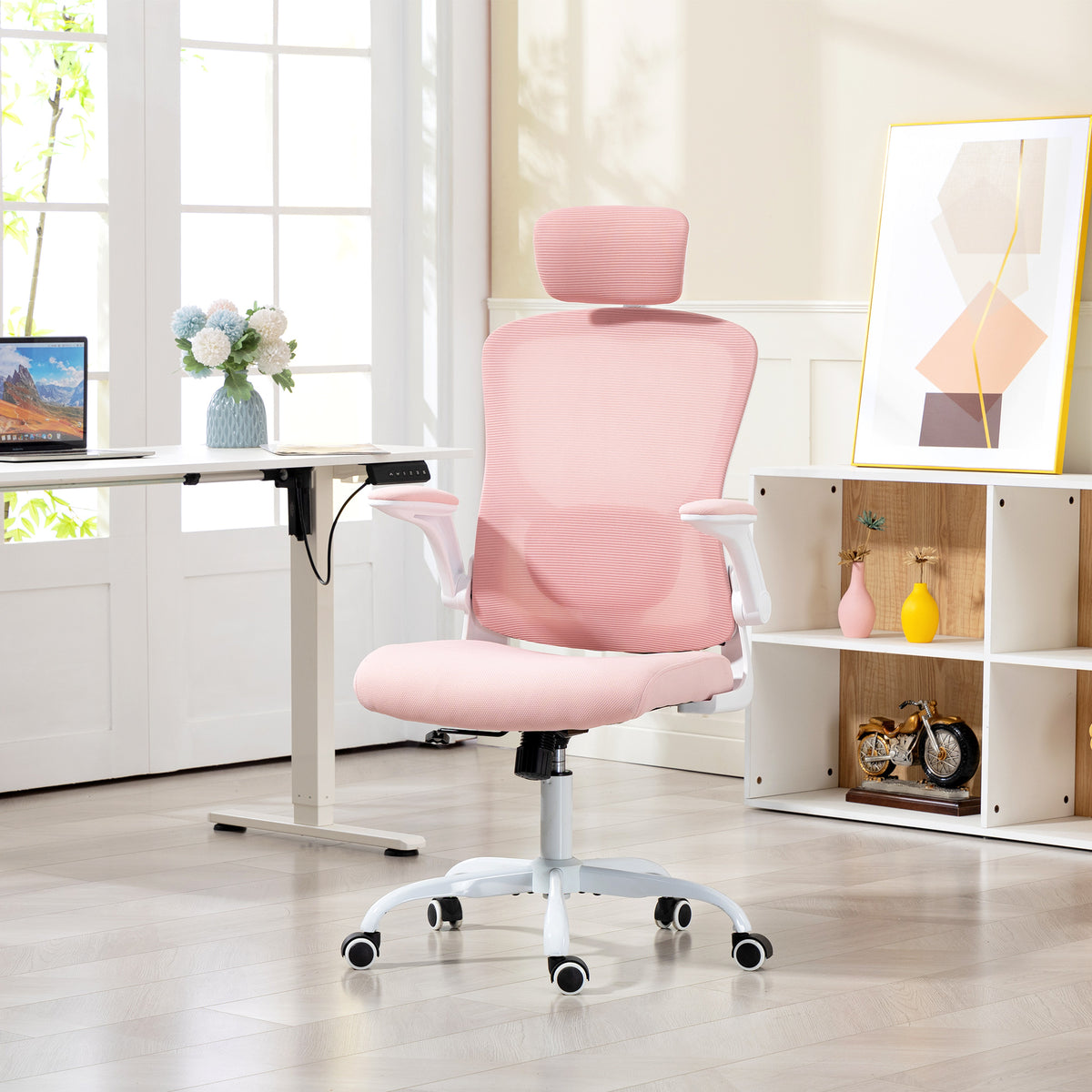 Ergonomic Office Chair, Mesh Desk Chair with Adjustable Headrest, Lumbar Support and Height, Flip-Up Armrests, Pink