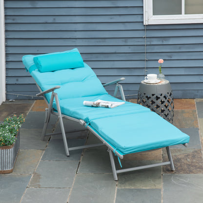 Outdoor Folding Chaise Lounge Chair Recliner with Portable Design, Adjustable Backrest, Cushion and Headrest, Black - Blue
