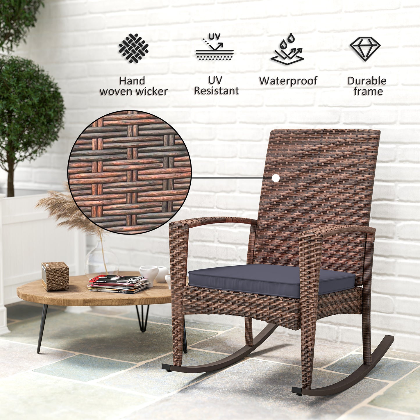 Outdoor PE Rattan Rocking Chair, Garden Glider Rocking Chair, Wicker Patio Chair Set with Armrest and Cushion, Wine Red